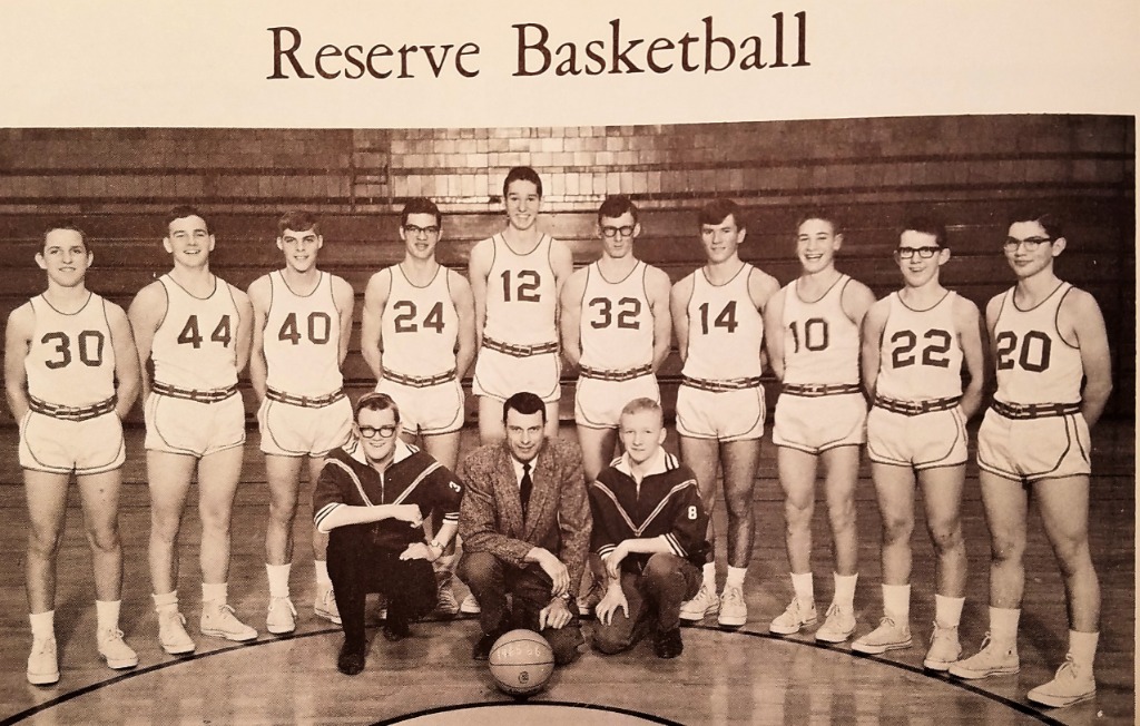Westwood reserve basketball team.
Kneeling (L-R): Tony Bechstein (66), Coach Reynolds, Don Drain (66).
Standing (L-R): Tom Cass, Dick Sweebe (67), Mike Peck (67), Jerry Grilliot, Joe Lause, Dave Hoskinson, Steve Fausnaugh (67), Tom Canterbury, Gary Cass