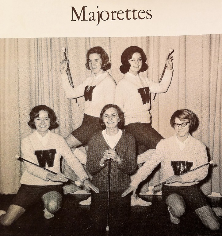 Westwood Majorettes.
Front row (L-R): Barb Wilhelm, Janet Shafer (66), Barb Baumbarger (67).
Standing (L-R): Jean Haas, Kathy Kerr.