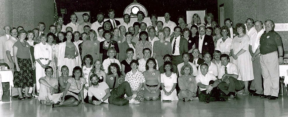20th Class Reunion. Submitted by Judy (Wright) Fisher, from Wood County District Public Library website.

Need some help with identifying classmates! Noted with ?? or (?maybe).     

Row 1 sitting/kneeling (L to R):
Byron Lee (?maybe),  Suzette Bordeaux (
