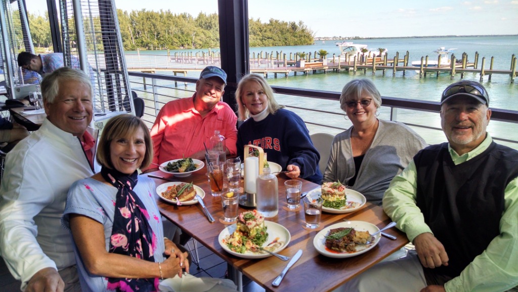 Lunch at the Shore Restaurant on Long Boat Key, FL on Monday Jan 28, 2020 (L-R): Steve Hoane, Kay (Francisco) Hoane, Randy Schmeltz, Jessie (Hess) Schmeltz (71), Beth (Noe) June (66), Ron June. The food towers in front of Kay and Beth are Cobb Seafood Sal