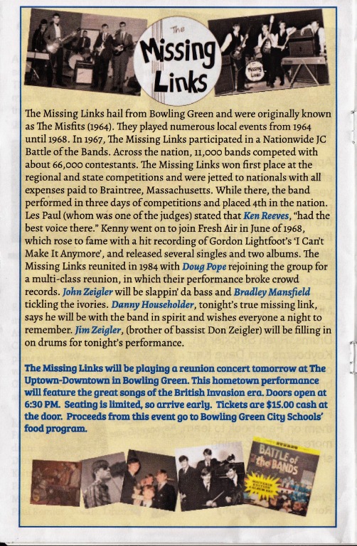 The Missing Links played another benefit on Aug 17, 2019 in Fostoria, OH. The brochure from that gig tells some history of the band.