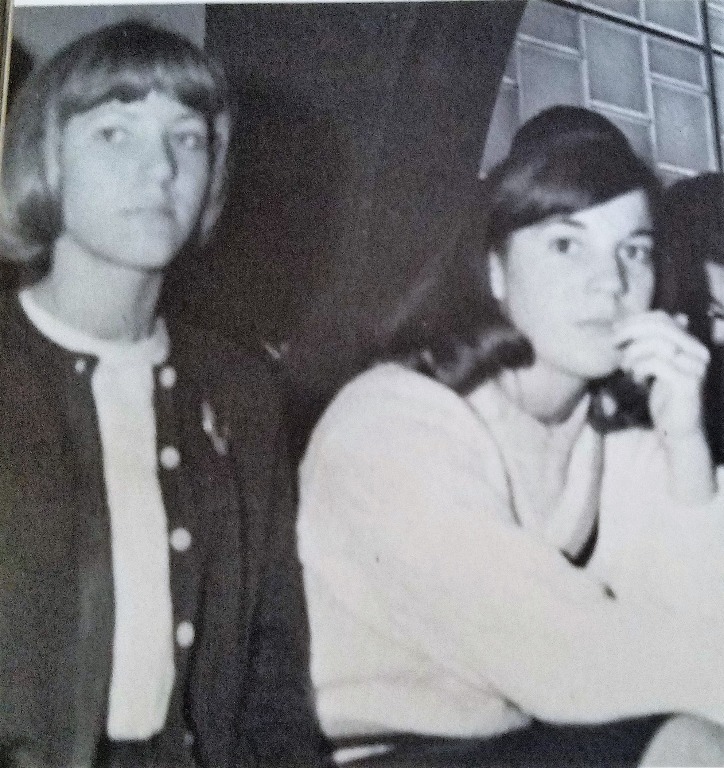 From 1966 Yearbook, Sophomore year.
L-R: Debbie Retterer and Kathy Cheek.
Maybe worrying about their next test?