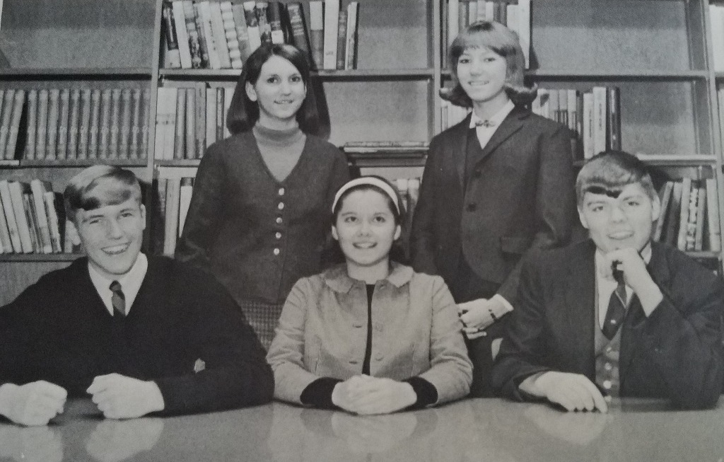 From 1966 Yearbook, Sophomore year.
Sophomore Class Officers (seated L-R) John Dunipace, Councilman;  Becky Ricketts, President; Dennis Weaver, Vice President; (standing L-R) Ann Jones (Secretary), Debbie Retterer, Treasurer.