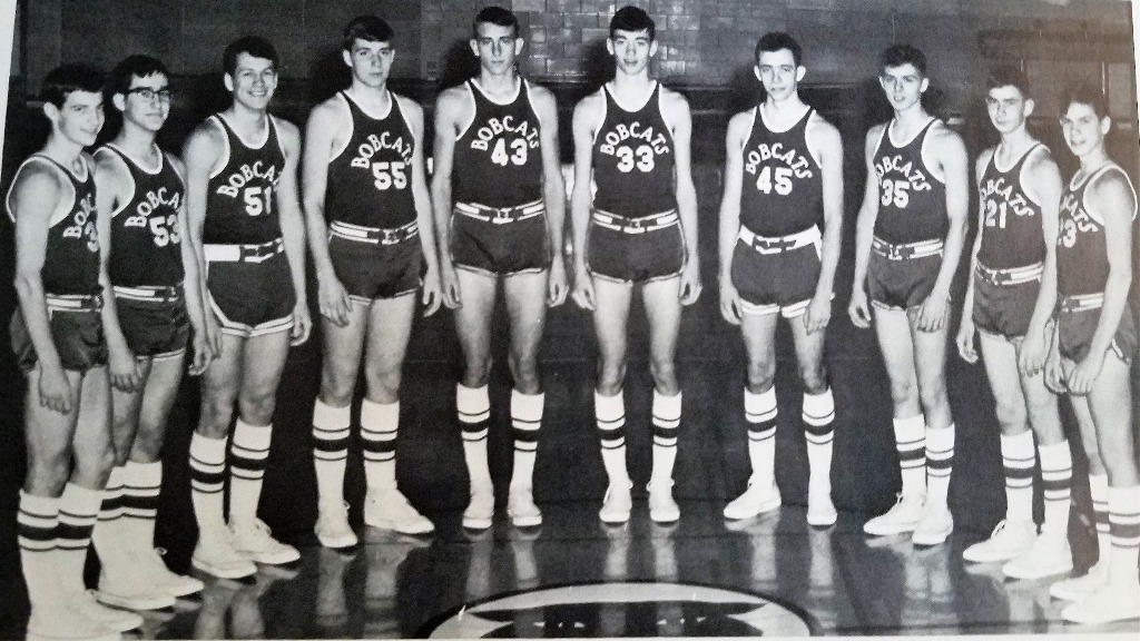 From 1966 Yearbook, Sophomore year. 
Bobcat JV Basketball Team comprised of all sophomores, L-R: John Helm, Ron June, Steve Hoane, Ron Moyer, Tom Roether, Bob Yeager, Dave Zellers, Don Allan, Rick Faulk, Tim Cross. This team struck fear into each opposing