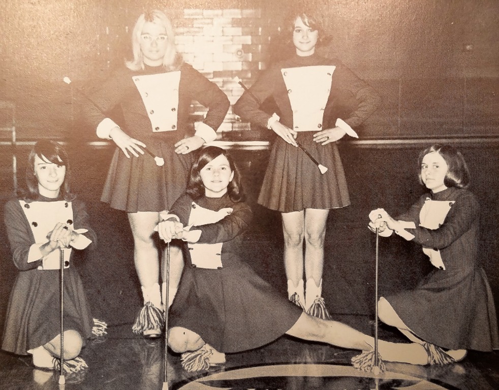 From 1966 Yearbook, Sophomore year. Majorettes looking good! Crouching (L-R): Cheryl Shedron, Hattiet Mills (66), Pam Mills. Standing (L-R): Randy Prowant, Linda Louys.