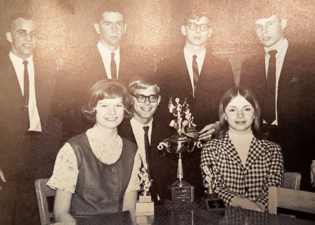 From 1966 Yearbook, Sophomore year. BGHS winners of Lake Plains Conference Speech Tournament 1965-66. Seated (L-R): Kathy Rahdert (66), Mark Rahdert (6?), Diana Hoskins. Standing (L-R): Phil Clinard, Phil Wolfe (66), John Arnold, Art Claflin.